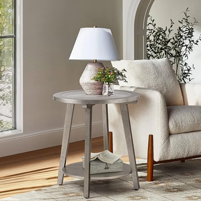 COSIEST 2-Tier End Table with Tempered Glass Top, Round MDF Side Table with Storage Shelf, Modern Wood Accent Table for Bedroom Living Room Home Office, Antique Silver-NeatNest