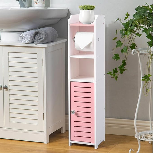 AOJEZOR Toilet Paper Holder Stand: Small Bathroom Storage Cabinet - Rose Dawn - White-NeatNest