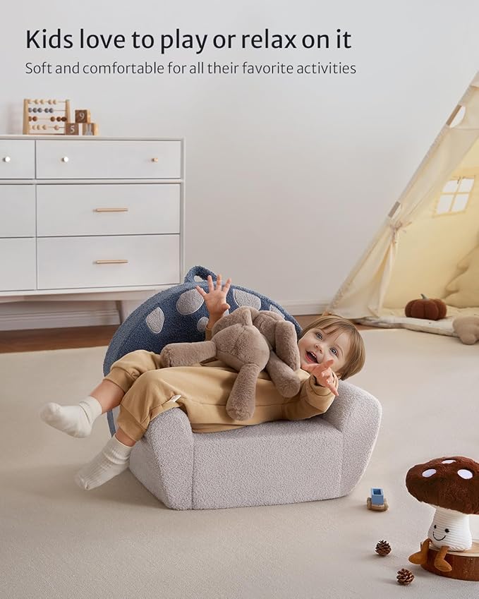 Blissful Diary Toddler Chair Comfy, Foam Kids Chair with Soft Teddy Plush, Toddler Reading Chair with Cute Mushroom Designs- Blue-NeatNest