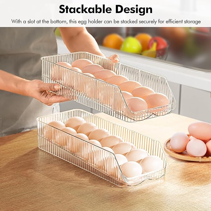 16 Egg Holder for Fridge, Rolling Egg Container, Stackable Egg Tray Holds 16 Eggs - Clear