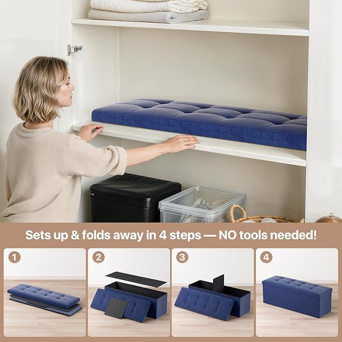Ottoman Folding Storage Bench, 43x15x15 Inch, Foot Rest Stool for Living Room, Bedroom, Entryway, End of Bed - Multi-Functional Ottoman with Storage Navy Blue