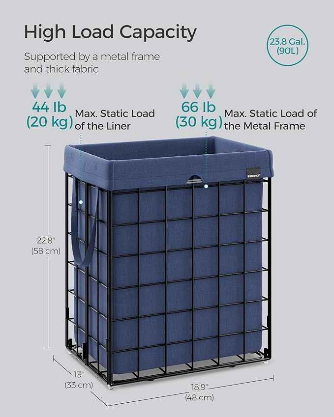SONGMICS Laundry Hamper, 23.8 Gal. (90L) Laundry Basket, Collapsible Clothes Hamper, Removable and Washable Liner, Metal Wire Frame, for Bedroom Bathroom, Black and Charcoal Blue ULCB190Q01