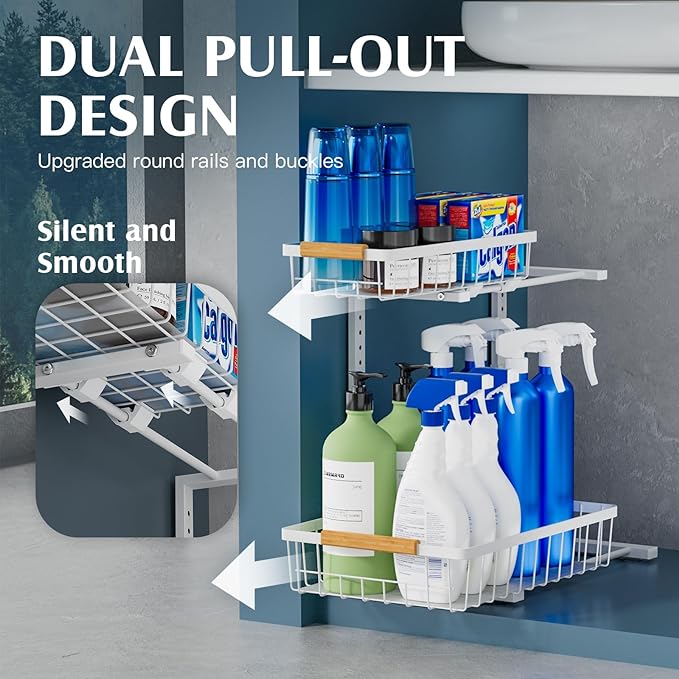 2 Pack Under Sink Organizers and Storage, Height Adjustable Cabinet Organizer Pull Out Drawer, 2 Tier Metal Under Kitchen Bathroom Sink Organizer, White, VF-JT01-WH-NeatNest