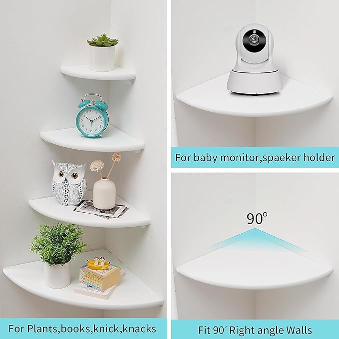 Corner Wall Shelves, White Floating Corner Shelf, Set of 2 16inch Solid Oak Wood Shelves, Round End Wall Mount Display Shelf with Wire Hole for Small Plant for Bedroom Kitchen, Living Room-NeatNest