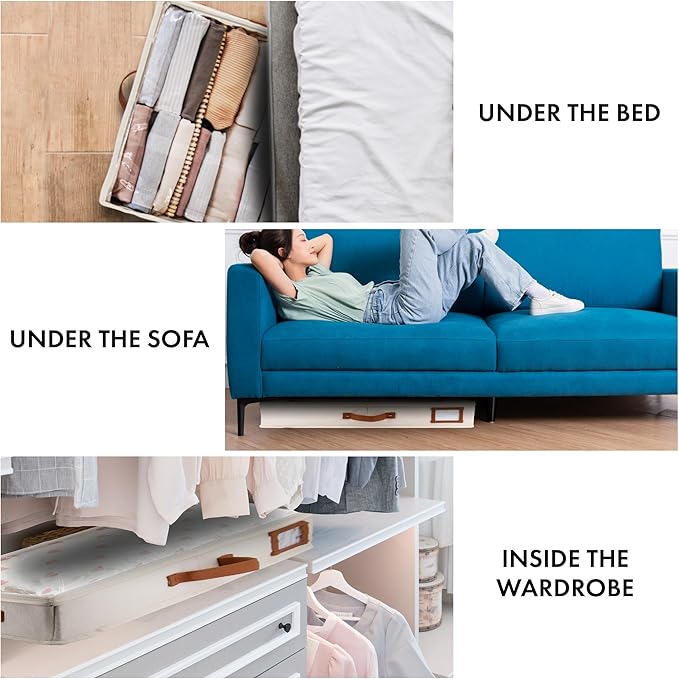 HOMELUX THEORY 2pc Low Profile Under Bed Storage Containers, Thin Under Couch Storage Organizer with Bins & Lids, Underbed Storage Box Ideal for Seasonal Clothes, Blankets, Fabric & Shoes (Ivory)-NeatNest