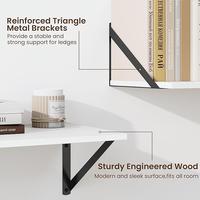 Fun Memories Deep Floating Shelves for Wall, 16W x 8D Wall Mounted Shelves Set of 2, Wide Display Ledge Shelf with Sturdy Metal Brackets for Living Room, Bathroom, Bedroom and Kitchen, White-NeatNest