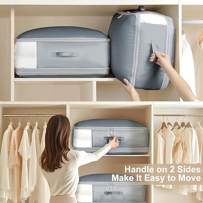 Comforter Storage Bag - Large Capacity Blanket Storage Bags 3-Layer Ultra Space Saving Self Compression Organizer, Washable Compression Bags for Storage Comforter Blanket, 8-Pack, Grey-NeatNest