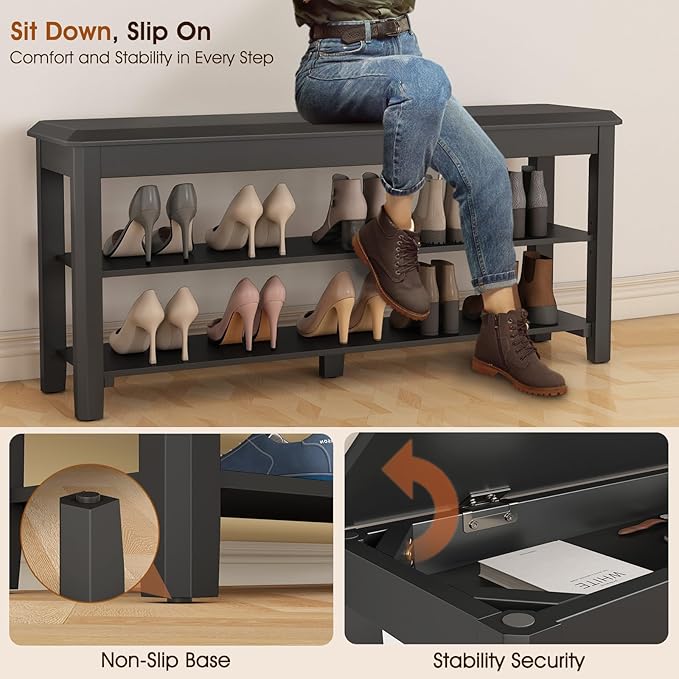 Shoe Rack Bench Seat Rubberwood 2-Tier Wooden Storage Bench 550lbs Compact Mid-Century Modern Design for Entryway, Hallway, Closet, Front Door Entrance, Foyer-NeatNest