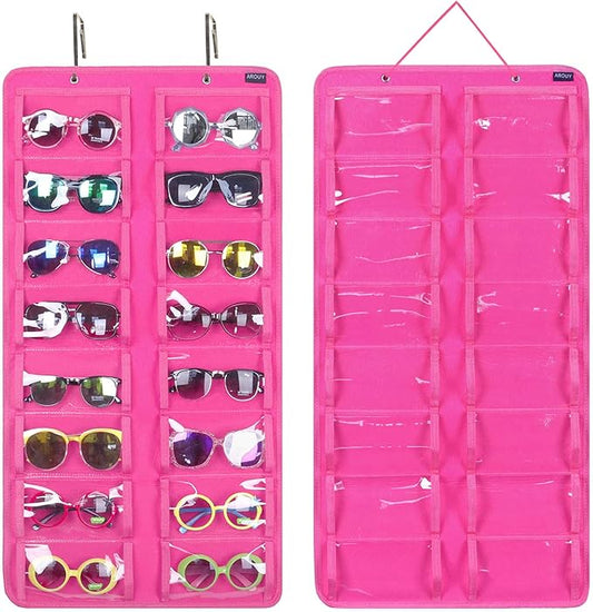 AROUY Sunglasses Organizer Storage, Hanging Dust Proof Wall Pocket Glasses Organizer - 16 Felt Slots Sunglass Organizer Holder with Metal Hook and Sturdy Rope (Dust Proof, Rose)-NeatNest