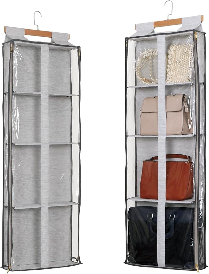 Clear Hanging Handbag Storage Organizer with Zippers, Easy Access Purse,Toy,Yarn,Hat Storage Holder Over The Door Purse Organizer Space Saving 4 Pockets for Closet Bedroom Living Room (Grey)-NeatNest