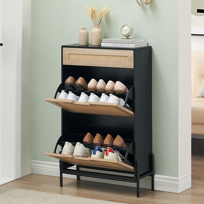 Shoe Cabinet, Shoe Rack Storage Cabinet with 2 Flip Down 1 Drawer, Natural Rattan Freestanding Shoe Cabinet Wood Organizer with 3-Tier Adjustable Shelves for Entryway Hallway Doorway-NeatNest