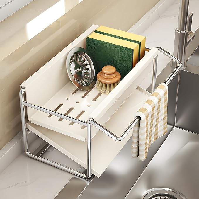 Kitchen Sink Sponge Rack, Self Draining Kitchen Sink Storage Rack, Rust-Proof Stainless Steel Dish Sponge Storage Rack (with Dish Cloth Rack), Bathroom Soap Dispenser Storage (White)-NeatNest