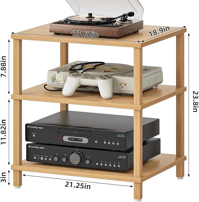 3-Tier AV Media Player Stand, Natural Stereo Cabinet, Modern Audio Shelf, Wooden TV Stand,Game Console Shelf, Multifunctional Entertainment Center, Suitable for Home, Conference Room, Game Studio-NeatNest