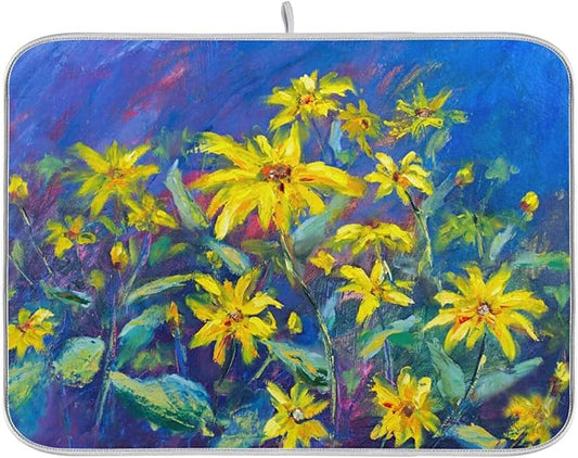 Absorbent Dish Drying Mat for Kitchen Counter - Oil Painting Flowers Microfiber Drying Pad, Reversible Drainer Mats for Countertop, Large 18" x 24"