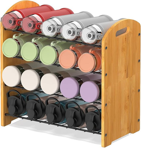 4 Tier Water Bottle Organizer, Stackable Bamboo Water Bottle Holder, Water Bottle Storage Rack Tumbler Travel Mug Cup Organizer for Kitchen Cabinet Countertop Pantry (Black)-NeatNest