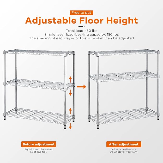 3-Tier Adjustable Wire Storage Shelving Rack, 150 Lbs Capacity Per Shelf, for Pantry Garage Kitchen - 23"x12"x30", Chrome-NeatNest