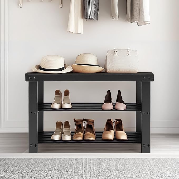 Sweetcrispy Shoe Rack Bench, 3-Tier Bamboo Entryway Storage Organizer, 286lb Capacity, Shoes Stand for FrontDoor Entrance, Bedroom, Living Room, Bathroom, Balcony, 11.3 x 27.6 x 17.8 Inches, Black-NeatNest