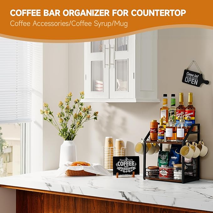 Coffee Station Organizer Mug Cup Holder Stand for Countertop, 3 Tier Coffee Syrup Organizer with 6 Hooks, Home Kitchens(Cabinets), Storage Stations, Office Desktop-NeatNest