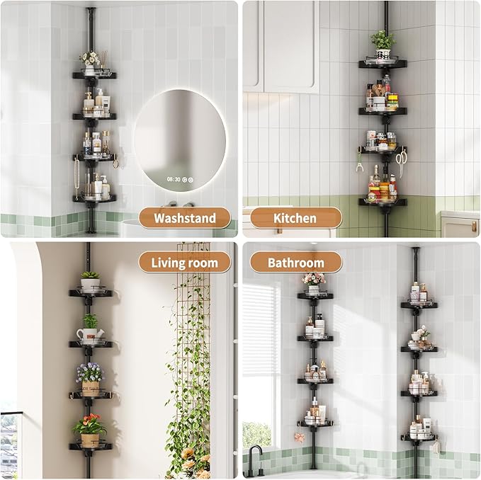 Tension Pole Shower Caddy with 4 L-Lazy Susan Organizer 360 Rotating 35-128 Inch No Drilling Floor Standing Shelves Adjustable Shower Rack for Bath Essentials (Black)