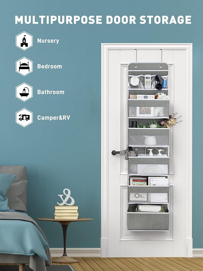 Yecaye 6-Tier Over the Door Storage Organizer, Flexible 1 Split into 2 Swing-proof Hanging Bathroom Storage Organization, Bedroom Organizer and Storage for Newborn Baby Essentials, Grey-NeatNest