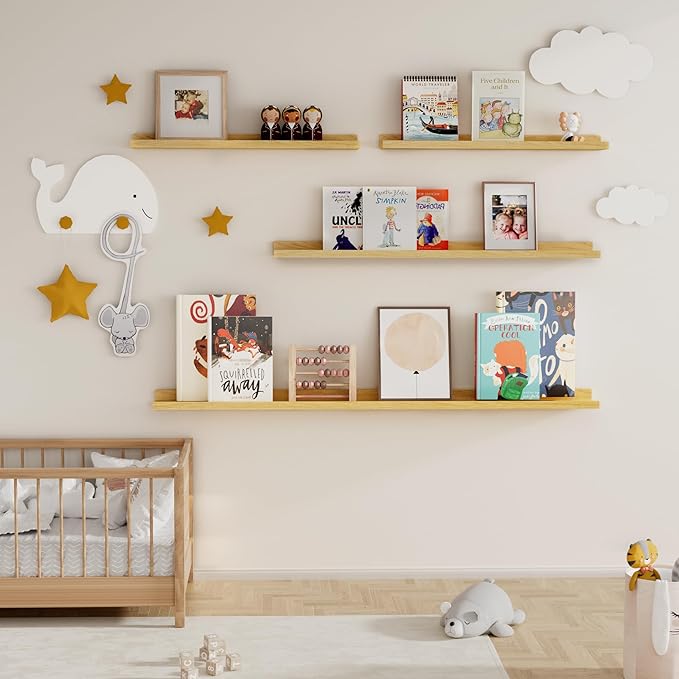 Fun Memories Picture Ledge Shelf, 36 Inch Floating Shelves Set of 2, Nursery Book Shelves for Toys Storage, Kids Bookshelf Wall Mounted for Wall Decor Books Photo Frames, Oak-NeatNest