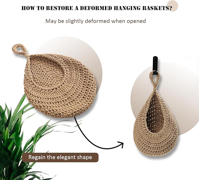 Hanging Fruit Basket Set of 3, Boho Wall Hanging Storage Basket for Organizing, Handmade Teardrop Hammock Holder for Fruit Vegetable in Home & Restaurant Kitchen with Hooks, Light Flaxen