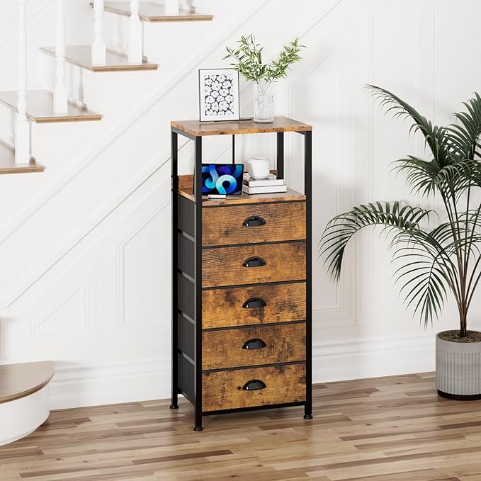 5 Drawers Dresser with Charging Station & Voice-Controlled LED Light, Tall Night Stand with 3 Lighting Modes, Bedside Table with Tamper-Resistant Outlets, USB Type C Port, Dresser for Bedroom
