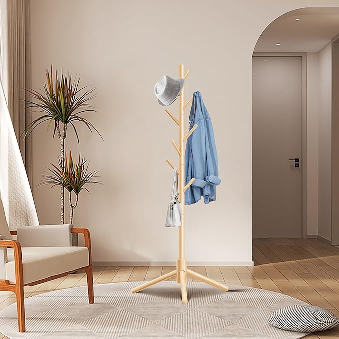 Durable Wooden Coat Rack, Freestanding Coat Rack with Stable Triangular Base, 8 Hooks & 3 Adjustable Heights, Simple Assembly for Bedroom, Hallway, Office(New Nature)-NeatNest