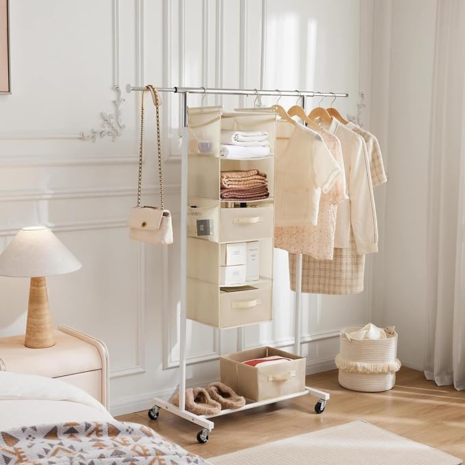 MAX Houser 5 Tier Shelf Hanging Closet Organizer, Cloth Hanging Shelf with 2 Sturdy Hooks for Storage, Foldable (Beige-D2)-NeatNest