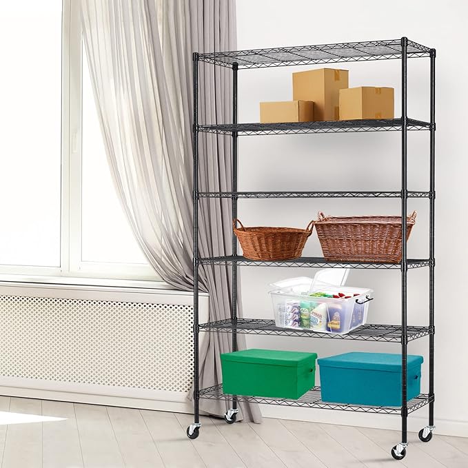 6-Tier Storage Shelf, Wire Shelving on Casters, NSF Height Adjustable Heavy Duty Metal Rack with Wheels for Office Bathroom Kitchen Garage Organization 2100 LBS Capacity-48 L×18" W×82" H-Black-NeatNest