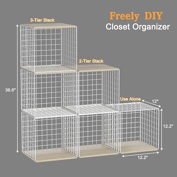 3PCS Stackable Closet Organizers and Storage, Closet Shelves with Wood Top Extra Storage, Clothes Storage Organizer Basket Bin/Cube for Home Wardrobe Organization(White-Sturdy Metal) Patent Pending-NeatNest