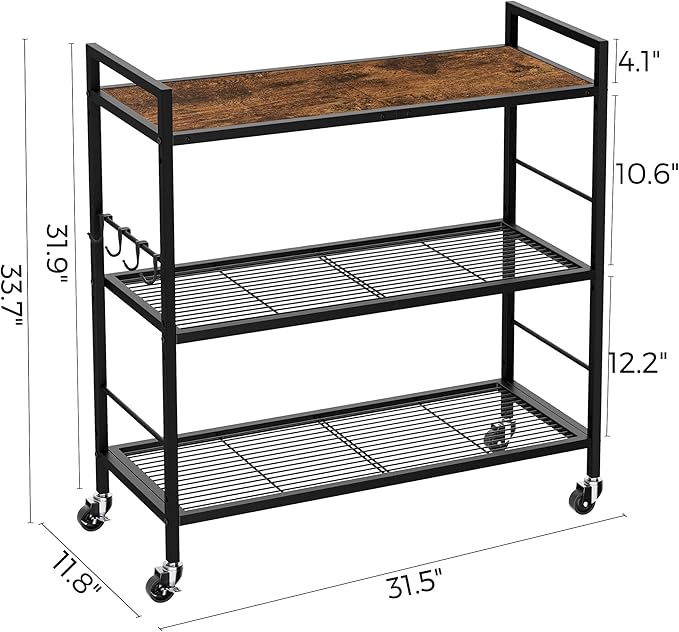 3-Tier Metal Storage Rack with Industrial Wheels,Mesh Shelving Unit with Wooden Table top,Adjustable Shelf,31.5-Inch Width, for Kitchen, Laundry,Pantry,Plant,Black
