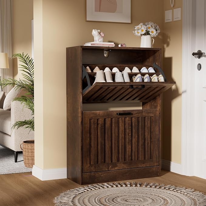 Shoe Storage Cabinet for Entryway with 2 Flip Drawers, Wooden Shoe Organizer with Adjustable Shelf, Freestanding Wood Fluted Panel Shoes Cabinet Closed Shoe Rack for Hallway, Foyer, Walnut-NeatNest