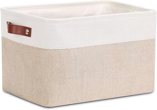 DULLEMELO Collapsible Rectangle Fabric Storage Basket for Organizing Clothes, Toys, Towels, Books, Laundry, Nursery, Dog Toys (White & Khaki)-NeatNest