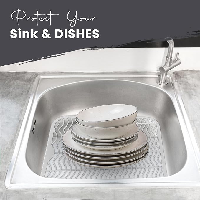 DecorRack 2 Sink Protectors for Kitchen Sink, Plastic 12" x 11" Dish Rack, Protect Sink from Stains, Damage, Scratches, Dishwasher Safe Grid Mat for Kitchen (2 Pack, White)