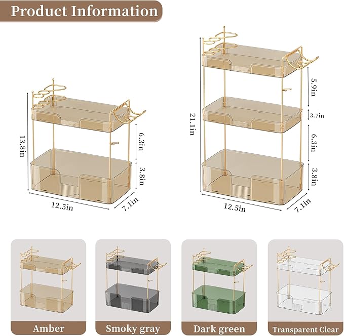 YCIA&DONE Luxury Bathroom Counter Organizer, Large Makeup Organizer Countertop, Shelf Organizer, Vanity Tray, Easily Assemble for Bathroom Organizers and Storage, Undersink, Cabinet,3 Tiers Amber-NeatNest