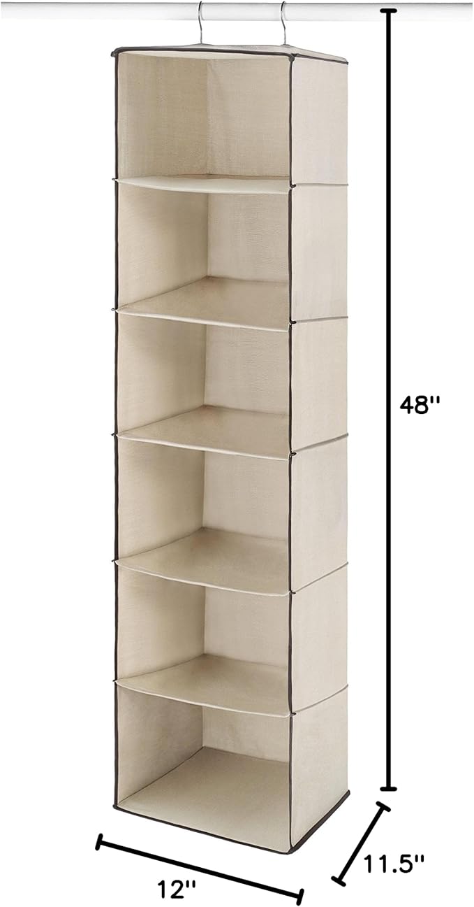 Whitmor Closet Organizer Heavy Duty Canvas 6 Shelf Hanging Accessory Bag, 6 Section, Off- White-NeatNest
