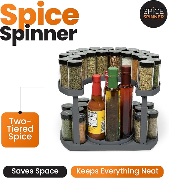 2-Tier Spice Rack Organizer for Cabinet | Rotating Lazy Susan Spice Organizer Holds 40 Spice Jars | Countertop & Pantry Spice Shelf for Kitchen Organization & Storage (Gray)-NeatNest