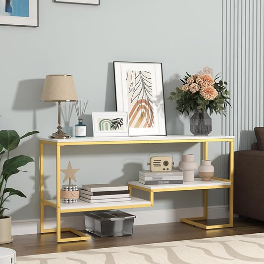 Console Table, 3-Tier Industrial Entryway Table, 53”L Entrance Sofa Table with Shelves, Hallway, Living Room, Foyer, Corridor, Office, White and Gold-NeatNest