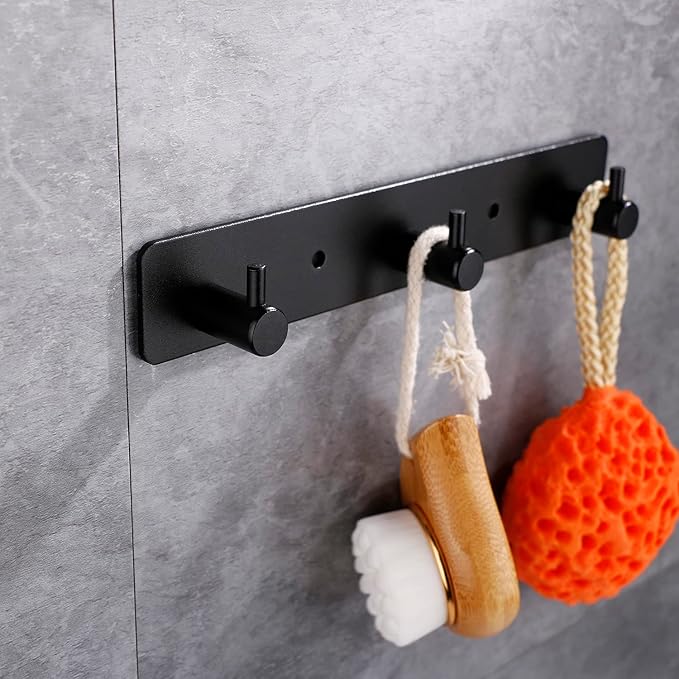 Black 3 Wall Hooks, Matte Black Bathroom Hook Rail, Self Adhesive Key Hook Rack Hanger Towel Robe Stick Hooks for Toilet Entryway Hallway Kitchen Wall Mounted-NeatNest