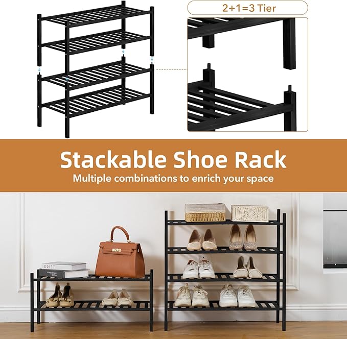 4 Tier Bamboo Shoe Rack Storage Organizer for Closet, Multifunctional Stackable Free Standing Shoe Shelf Organizer for Small Space,Entryway, Hallway, Bathroom27 x11 x26(Black, 4 Tier)-NeatNest