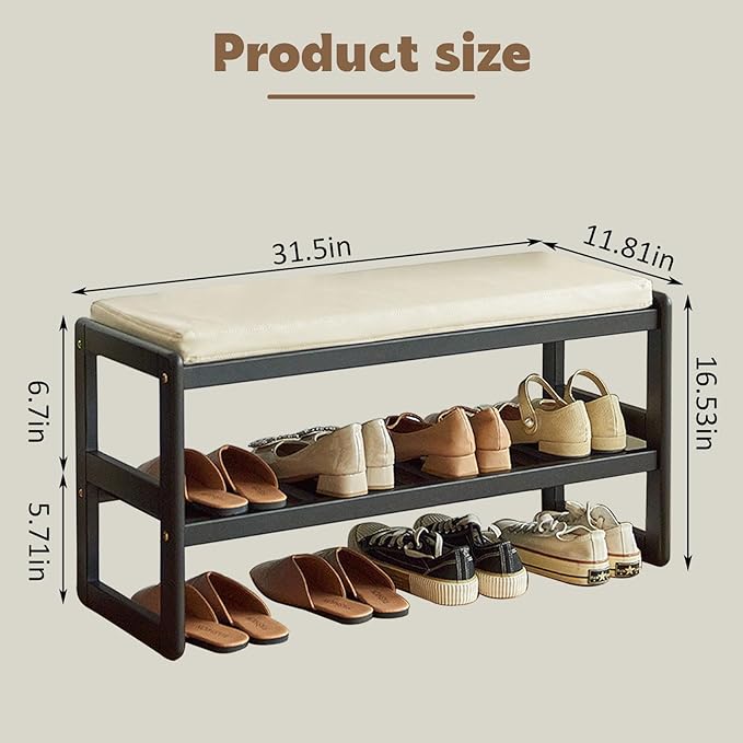 Entryway Shoe Bench, 2-Tier Solid Wood Shoe Bench Entryway for Entryway Bathroom Bedroom (Black, 31.5 INCH)