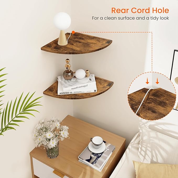 Homode Corner Shelf Wall Mount, 12 Inch Wood Floating Corner Shelves with Cord Hole, Set of 2 Large Corner Hanging Shelves for Bathroom Bedroom Kitchen, Rustic Brown