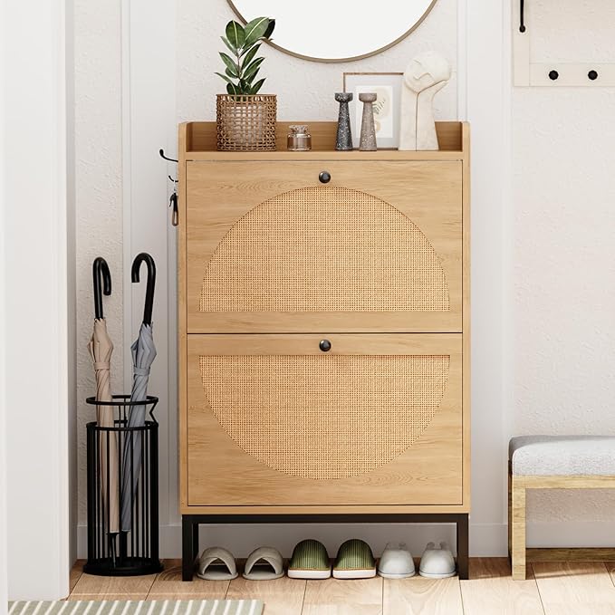 Shoe Cabinet with 2 Flip Drawers, Natural Rattan Freestanding Shoe Cabinet Storage for Entryway, Slim Shoes Organizer with Metal Legs, Narrow Shoe Rack Cabinet for Hallway (2 Flip Drawers, WOOD)-NeatNest