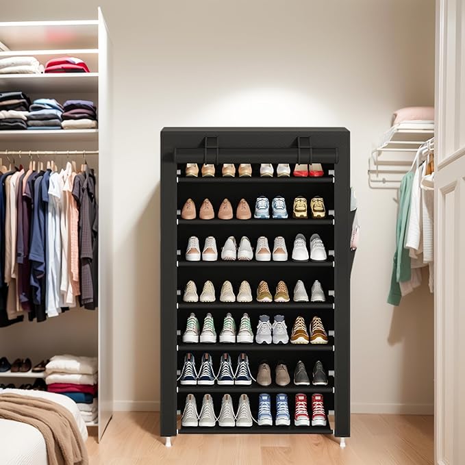 Laiensia 7-Tier Vertical Shoe Rack Organizer, Space Saving Shoe Storage Organizer, Non-Woven Cover Shoe Shelf Holds 28-35Pairs for Bedroom, Hallway, Closet Entryway, Black-NeatNest