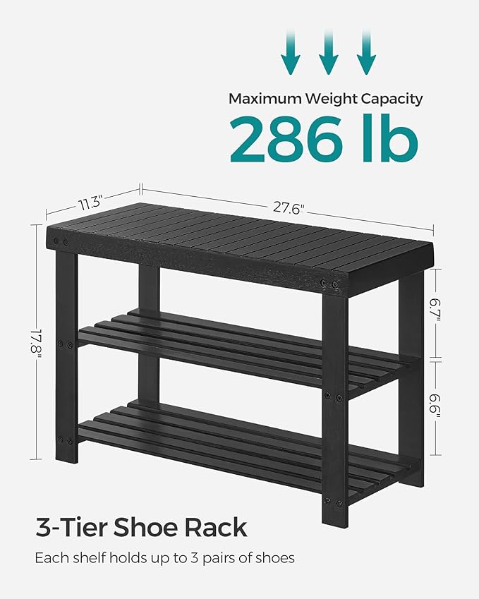 SONGMICS Shoe Rack Bench, 3-Tier Bamboo Shoe Storage Organizer, Entryway Bench, Holds Up to 286 lb, 11.3 x 27.6 x 17.8 Inches, for Entryway Bathroom Bedroom, Ink Black ULBS04H-NeatNest