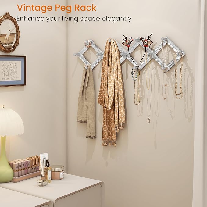 Homode Accordian Wall Hanger, Expandable Coat Rack Wall Mounted, Accordion Style Wood Hat Rack with 13 Peg Hooks for Hanging Coats, Hats, Mugs, Bags, Purses, Necklaces, Rustic White-NeatNest