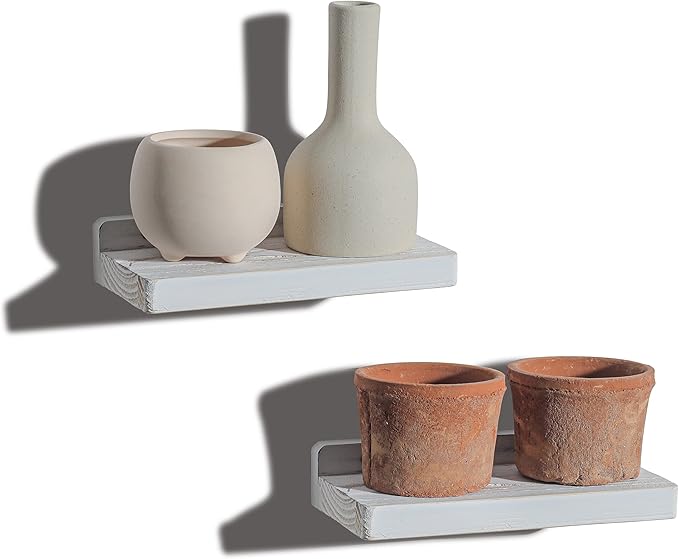 Freezing point Small Floating Shelves for Wall Set of 2 Natural Wood 8Inch Mini Wall Shelf Decor Plant Display Collectibles Mounted Kitchen Bathroom Bedroom Corner Decorative Storage Tiny Stand White-NeatNest