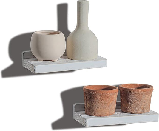 Freezing point Small Floating Shelves for Wall Set of 2 Natural Wood 8Inch Mini Wall Shelf Decor Plant Display Collectibles Mounted Kitchen Bathroom Bedroom Corner Decorative Storage Tiny Stand White-NeatNest