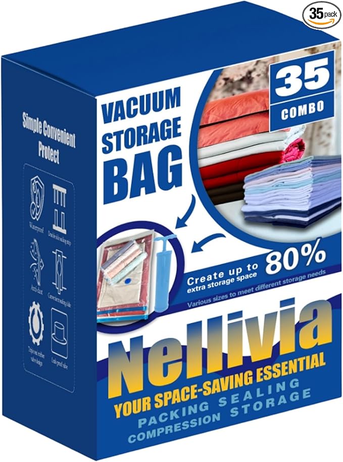 35 Pack Vacuum Storage Bags with Pump, Compression Space Saver for Comforters, Bedding, Blanket Storage, Vacuum Seal Bags for Clothing, Luggage and Closet Organizer, Safe Poly Material-NeatNest